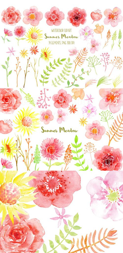 Free Watercolor Clipart Summer Meadow from Floral Scrap Kits