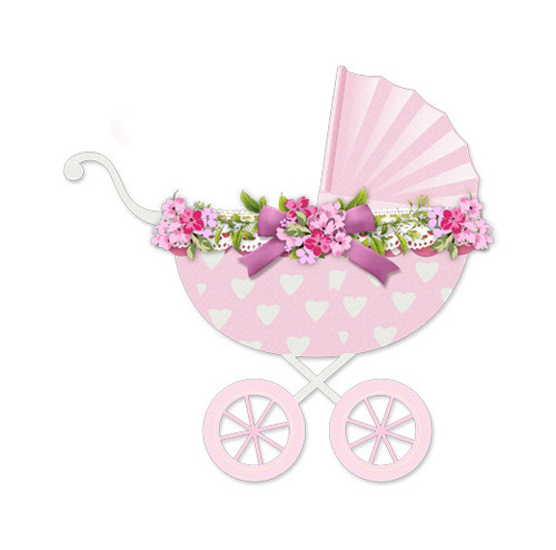 Baby Stroller Pink with Flowers - PNG image with transparent backgroun