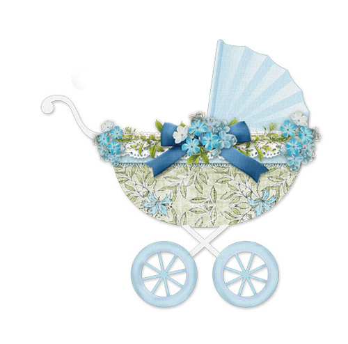 Baby Stroller Blue with Flowers - PNG image with transparent backgroun